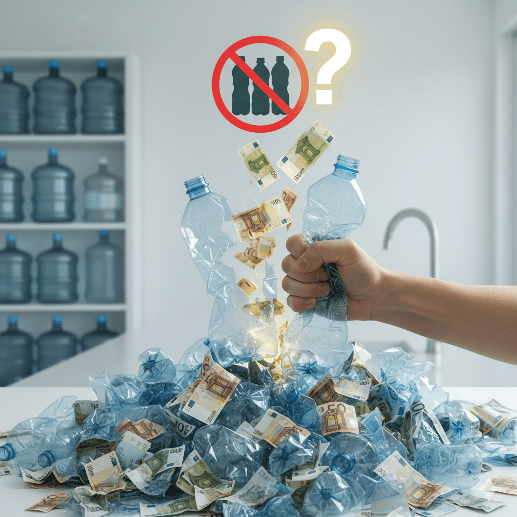 Gráfico o composición visual que muestra billetes de euro y botellas de plástico rotas, simbolizando el ahorro y la eliminación de plásticos.